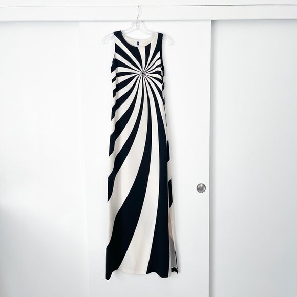 Lisa Perry Black and White Swirl Stripe Maxi Dress Gown Silk - Picture 2 of 16